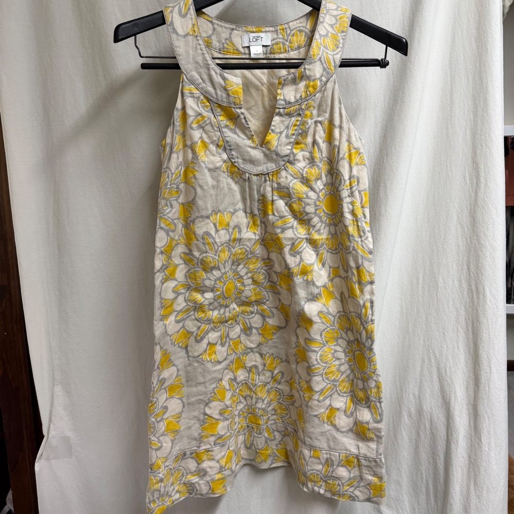 Ann Taylor Loft Yellow Grey Floral Linen Sleeveless Shift Dress Size 0